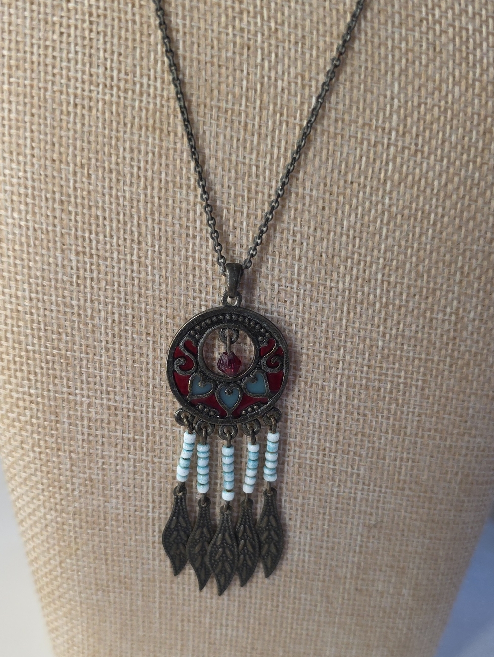 Bohemian Beaded Dreamcatcher Statement Necklace Stained Glass Detail